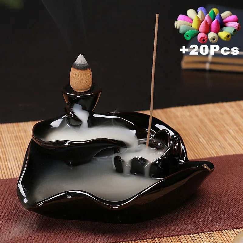 Value 20-Pack Incense Cones & Ceramic Backflow Burner – Home Decor Set