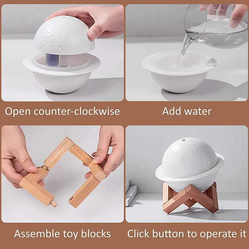 Stylish Lunar 3D Humidifier – Tricolor Lamp & USB Ultrasonic Diffuser