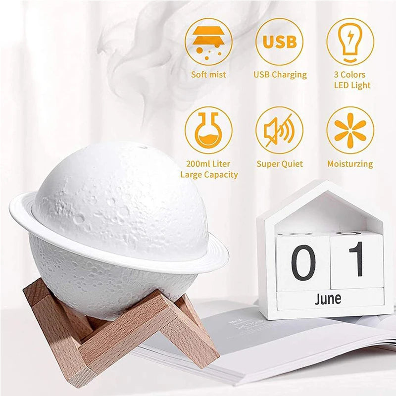 Stylish Lunar 3D Humidifier – Tricolor Lamp & USB Ultrasonic Diffuser