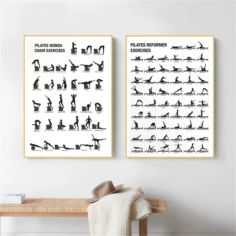 Stylish Pilates Yoga Wall Art – Black & White Canvas Workout Chart